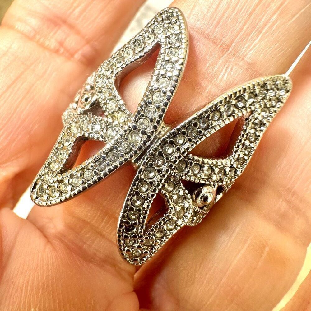 Silver tone butterfly rhinestone ring